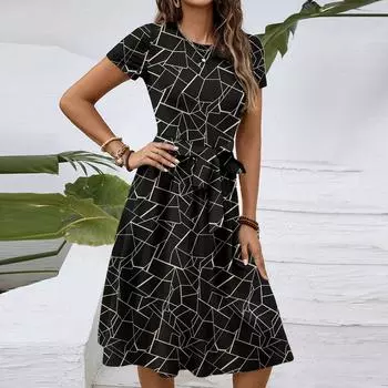 Женское модное ретро-платье с принтом и цветным поясом XXL чёрный