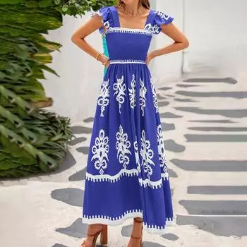 Женское модное ретро-платье с принтом в стиле бохо, пляжное платье на бретелях для отпуска L синий