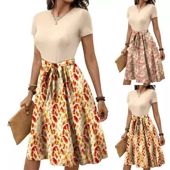 Женское модное ретро-платье с принтом и цветным поясом S