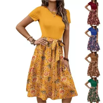 Женское модное ретро-платье с принтом и цветным поясом XXL синий