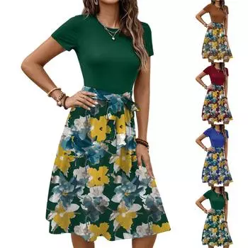 Женское модное ретро-платье с принтом и цветным поясом XXL синий