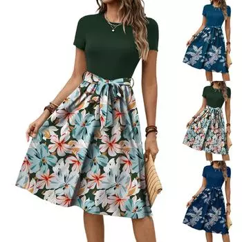 Женское модное ретро-платье с принтом и цветным поясом XL синий