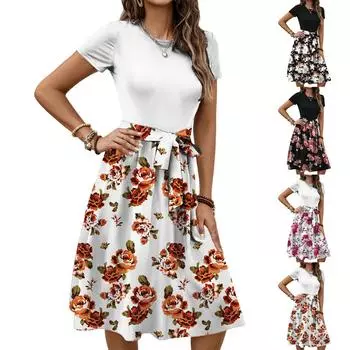 Женское модное ретро-платье с принтом и цветным поясом L чёрный