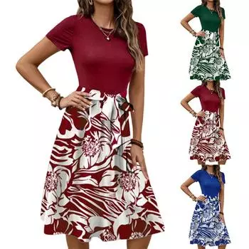 Женское модное ретро-платье с принтом и цветным поясом L синий