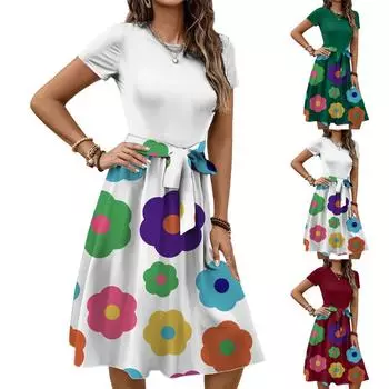 Женское модное ретро-платье с принтом и цветным поясом L темно-зеленого