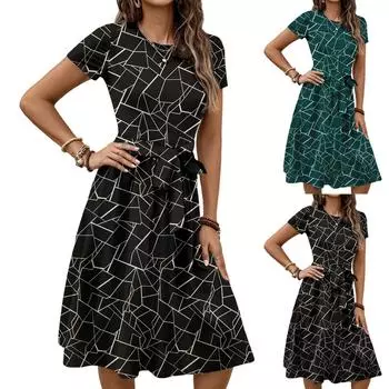 Женское модное ретро-платье с принтом и цветным поясом L чёрный