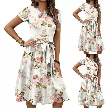 Женское модное ретро-платье с принтом и цветным поясом L оранжевый