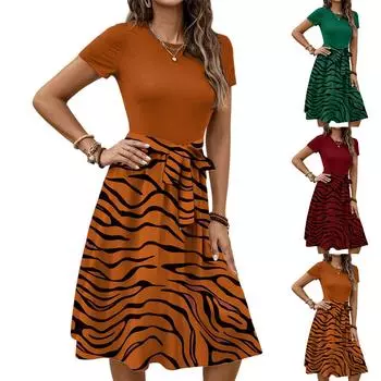 Женское модное ретро-платье с принтом и цветным поясом L темно-зеленого