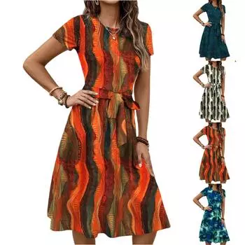 Женское модное ретро-платье с принтом и цветным поясом L