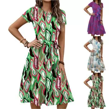 Женское модное ретро-платье с принтом и цветным поясом L