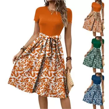 Женское модное ретро-платье с принтом и цветным поясом XL оранжевый