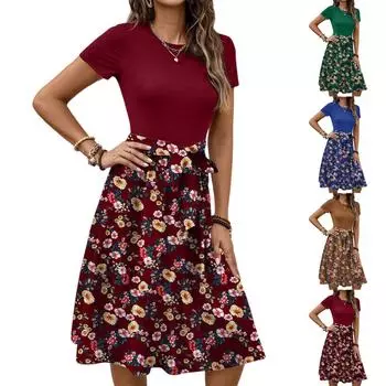 Женское модное ретро-платье с принтом и цветным поясом M синий