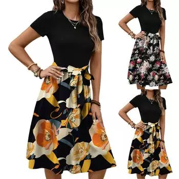 Женское модное ретро-платье с принтом и цветным поясом L чёрный