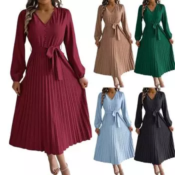 Женское модное ретро-платье в складку с V-образным вырезом, застежкой на пуговицы и длинными рукавами S