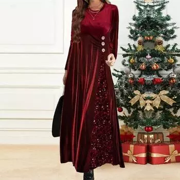 Женское модное рождественское платье с круглым вырезом и пайетками, длинными рукавами S красный