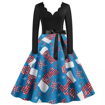 Женское модное рождественское повседневное тонкое платье с длинным рукавом с принтом и подолом XXXL синий