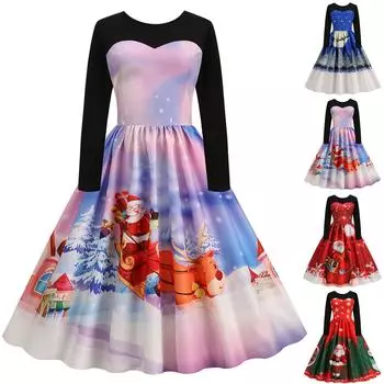 Женское модное рождественское повседневное тонкое платье с длинным рукавом с принтом и подолом S синий