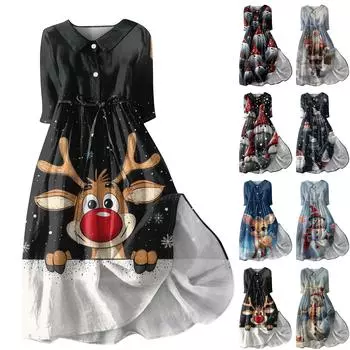 Женское модное рождественское принтовое платье с отворотом, застегивающимся на пуговицы, рукавами-семью точками и завязками L чёрный