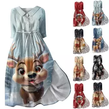 Женское модное рождественское принтовое платье с отворотом, застегивающимся на пуговицы, рукавами-семью точками и завязками XXL