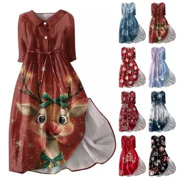 Женское модное рождественское принтовое платье с отворотом, застегивающимся на пуговицы, рукавами-семью точками и завязками S