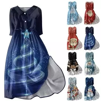 Женское модное рождественское принтовое платье с отворотом, застегивающимся на пуговицы, рукавами-семью точками и завязками XXL