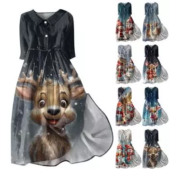 Женское модное рождественское принтовое платье с отворотом, застегивающимся на пуговицы, рукавами-семью точками и завязками S