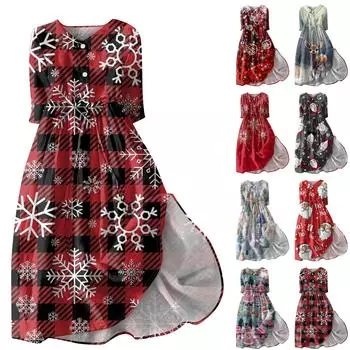 Женское модное рождественское принтовое платье с отворотом, застегивающимся на пуговицы, рукавами-семью точками и завязками XXXL
