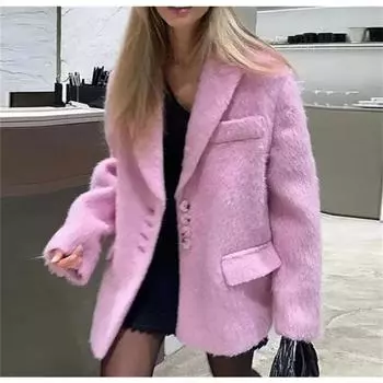 Женское модное розовое пальто с лацканами, однобортное с длинным рукавом, элегантное пальто, осенне-зимний теплый блейзер, повседневная женская верхняя одежда с карманами M розовый