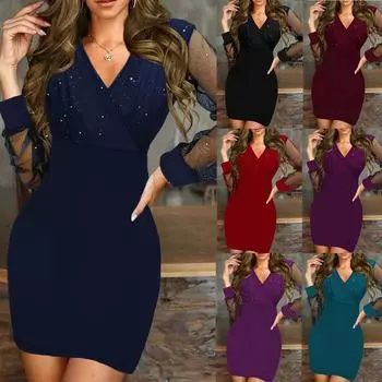 Женское модное сетчатое платье с блестками, элегантное платье для торжественных случаев, облегающее платье с v-образным вырезом, вечернее платье S темно-синий