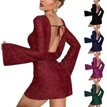 Женское модное сексуальное блестящее платье со шнуровкой и открытой спиной, облегающее блестящее платье для вечеринок и клуба L чёрный