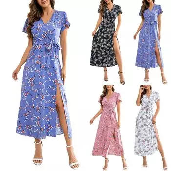 Женское модное сексуальное богемное платье с v-образным вырезом и цветочным разрезом XXL чёрный