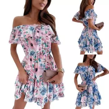 Женское модное сексуальное цельное платье с воротником и принтом без бретелек, свободное платье с рюшами S синий