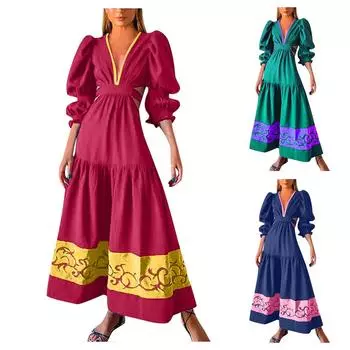 Женское модное сексуальное длинное платье с v-образным вырезом и длинными рукавами с пышными рукавами M