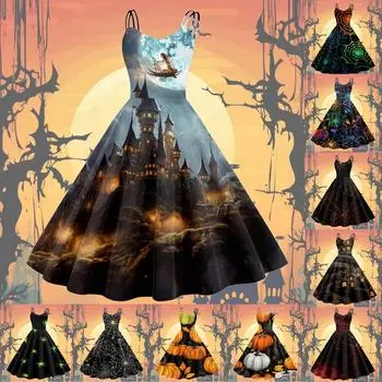 Женское модное сексуальное коктейльное платье без бретелек с принтом на Хэллоуин в стиле панк, винтажное платье. S синий