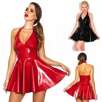 Женское модное сексуальное кожаное латексное платье без рукавов, танцевальный костюм, мини-платье