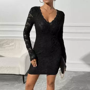 Женское модное сексуальное кружевное облегающее платье с V-образным вырезом и длинными рукавами S чёрный