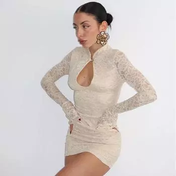 Женское модное сексуальное кружевное платье-клеш с длинными рукавами и запахом, облегающее, с вырезом на ягодицах S абрикосовый