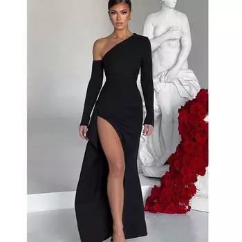 Женское модное сексуальное облегающее платье с открытыми плечами и высоким разрезом, длинное платье с длинными рукавами XS чёрный