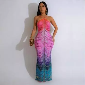 Женское модное сексуальное облегающее платье с принтом и ягодицами S синий