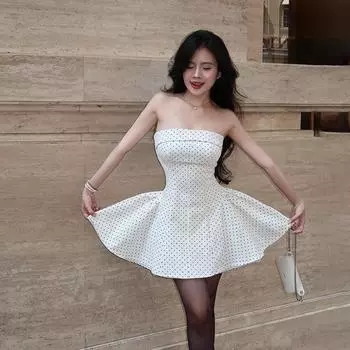 Женское модное сексуальное облегающее платье без бретелек с открытой спиной и принтом в горошек S белый