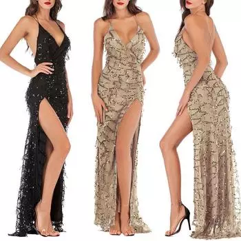 Женское модное сексуальное однотонное блестящее мини-платье с блестками без рукавов с кисточками L чёрный