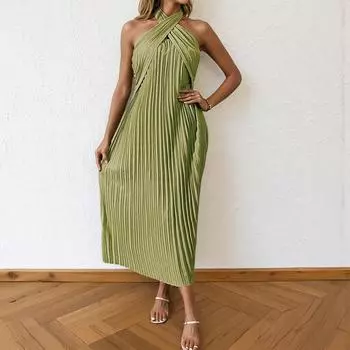 Женское модное сексуальное однотонное платье с открытой спиной и плиссировкой без рукавов M зелёный