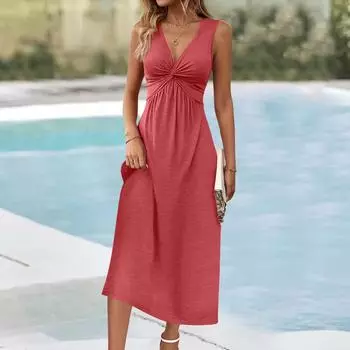 Женское модное сексуальное однотонное платье с V-образным вырезом без рукавов с закрученной плиссировкой на талии XXL красный