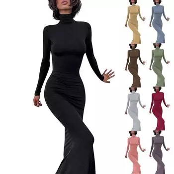 Женское модное сексуальное однотонное платье с высоким воротом и длинными рукавами XL коричневый