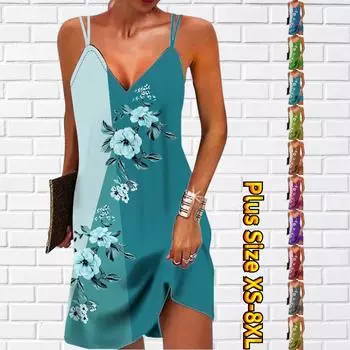 Женское модное сексуальное платье без бретелек с 3D цветком сливы и принтом ветвей, свободное платье-бретелька с v-образным вырезом 7XL синий