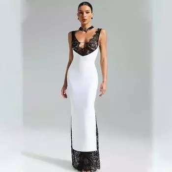 Женское модное сексуальное платье без рукавов с V-образным вырезом и кружевом в стиле пэчворк S белый