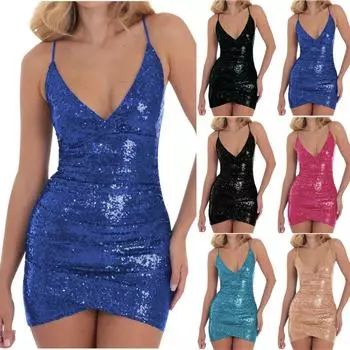 Женское модное сексуальное платье без рукавов с пайетками на подтяжках L чёрный