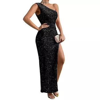 Женское модное сексуальное платье с разрезом на одно плечо без рукавов с пайетками и однотонным принтом XL чёрный