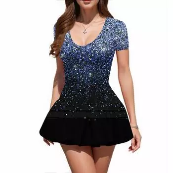 Женское модное сексуальное платье с принтом и короткими рукавами и круглым вырезом XXL синий