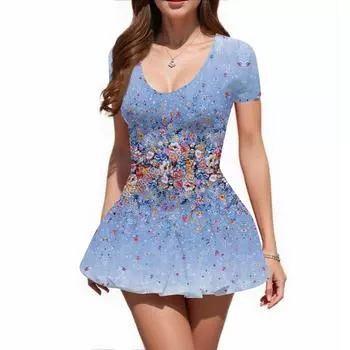 Женское модное сексуальное платье с принтом и короткими рукавами и круглым вырезом M синий
